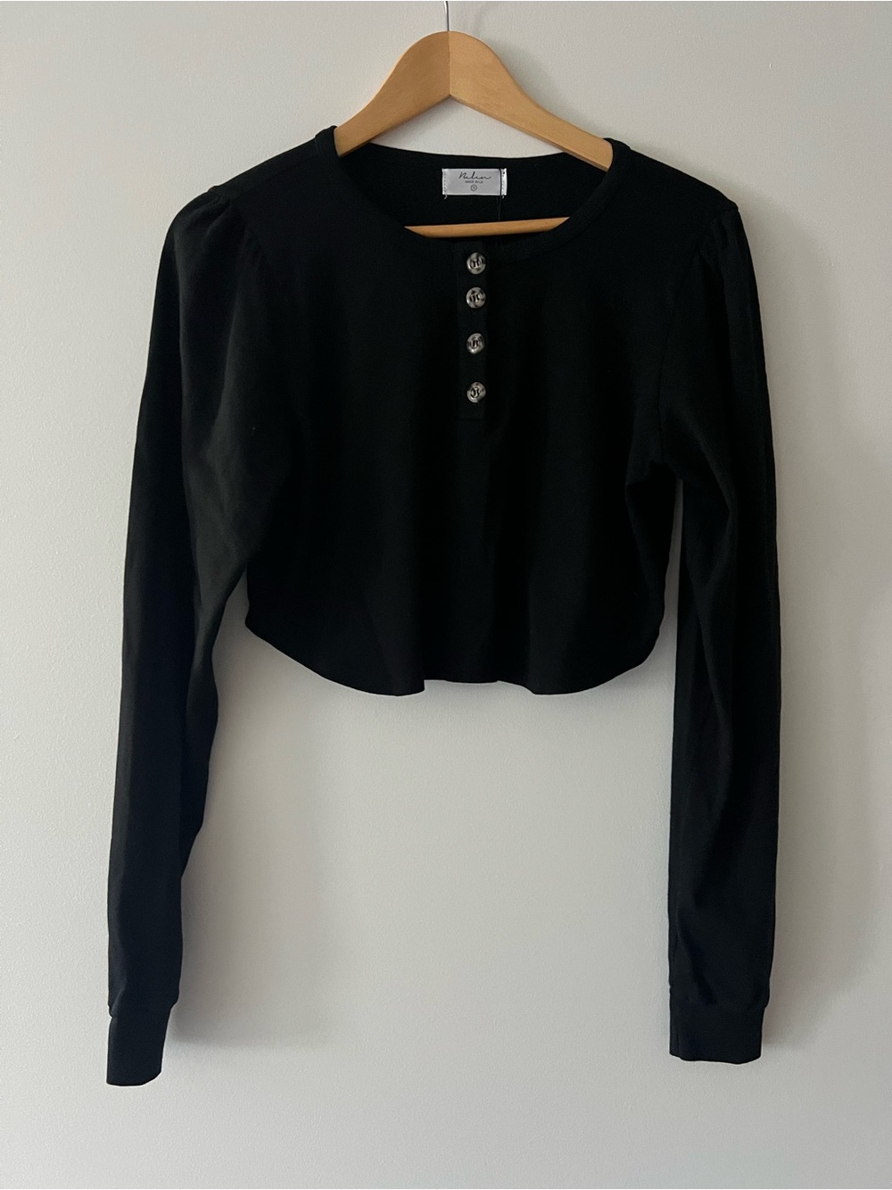 Belen Black Cropped Long-Sleeve Henley with Puff Shoulders
